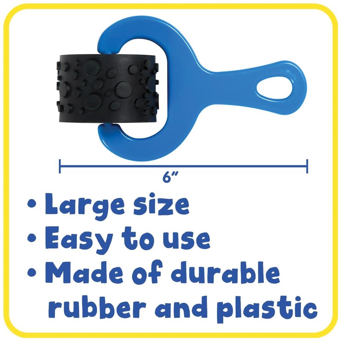 dough/paint roller showing measurement of 6" long and the words: Large size; Easy to use; Made of durable rubber and plastic
