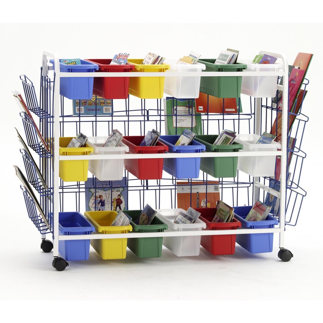 Three-tiered Reading Book Cart With 18 Tubs and Extra Storage on the Sides