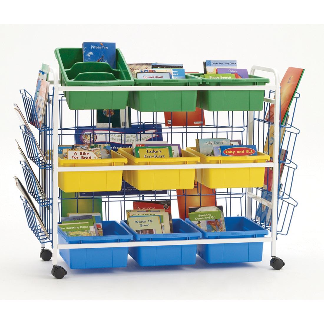 Three-tiered Reading Book Cart With 9 Tubs and Extra Storage on the Sides