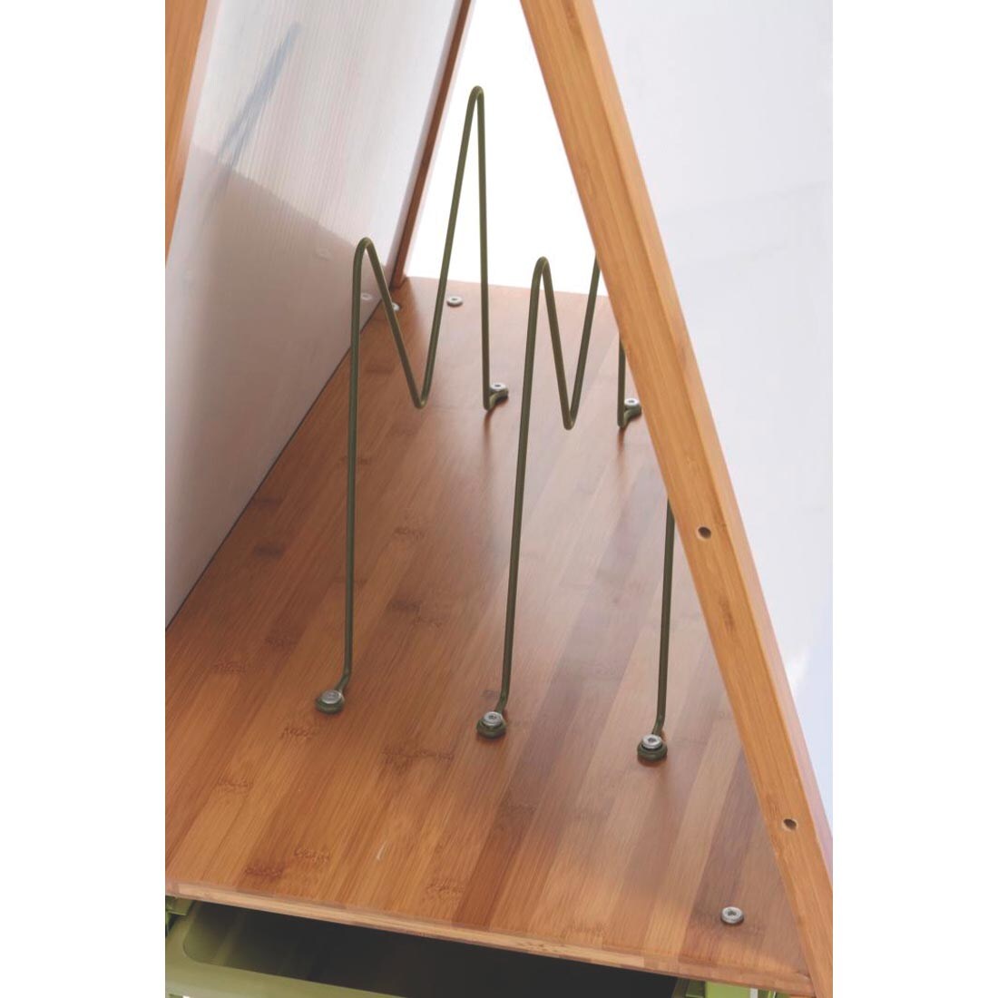 Close up of middle shelf on the Double Sided Bamboo Teaching Easel