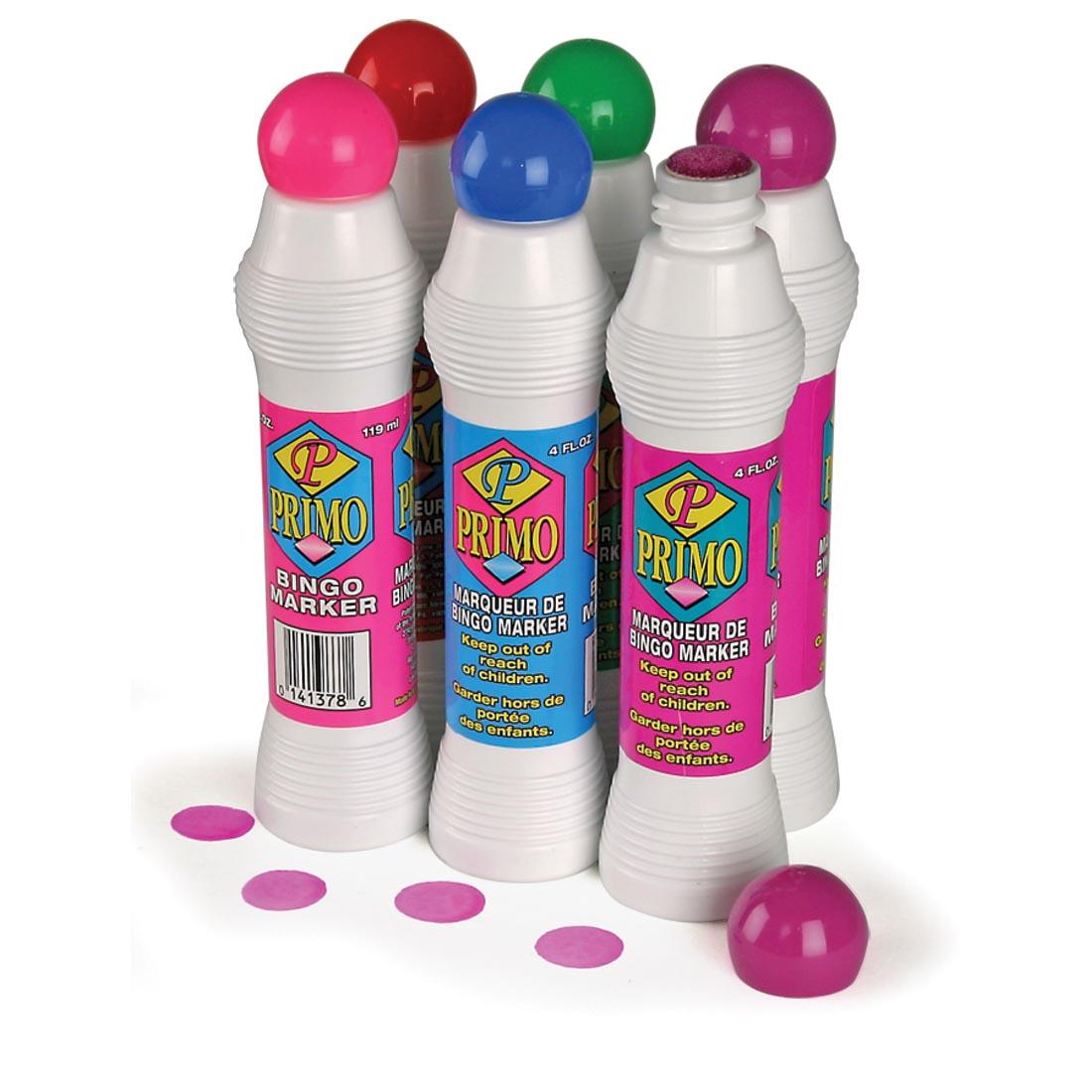 Six Primo Bingo Markers; one with lid off