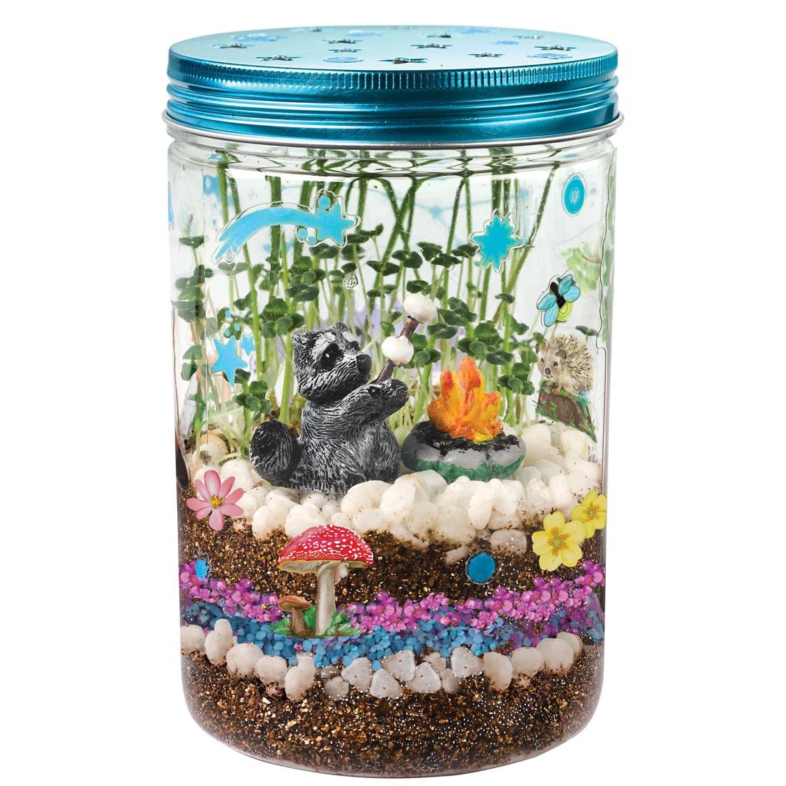 Grow N' Glow Terrarium plastic mason jar, filled and decorated