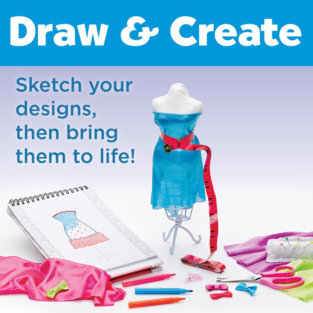 Sketch of dress and one dress on the dress mannequin from the Designed By You Fashion Studio, with the words: Draw & Create - Sketch your designs, then bring them to life!