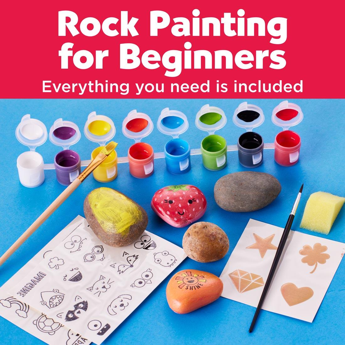 Contents of Hide & Seek Rock Painting Kit by Creativity For Kids, with the words: Rock Painting For Beginners; Everythng you need is included!