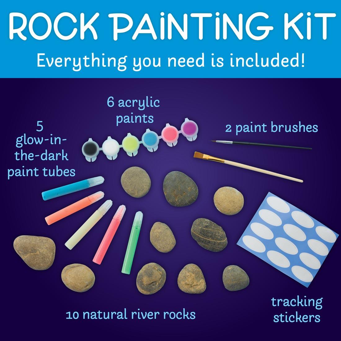 infographic for Glow In The Dark Rock Painting Kit: Everything you need is included? 6 acrylic paints; 5 glow-in-the-dark paint tubes; 2 paint brushes; 10 natural river rocks; tracking stickers