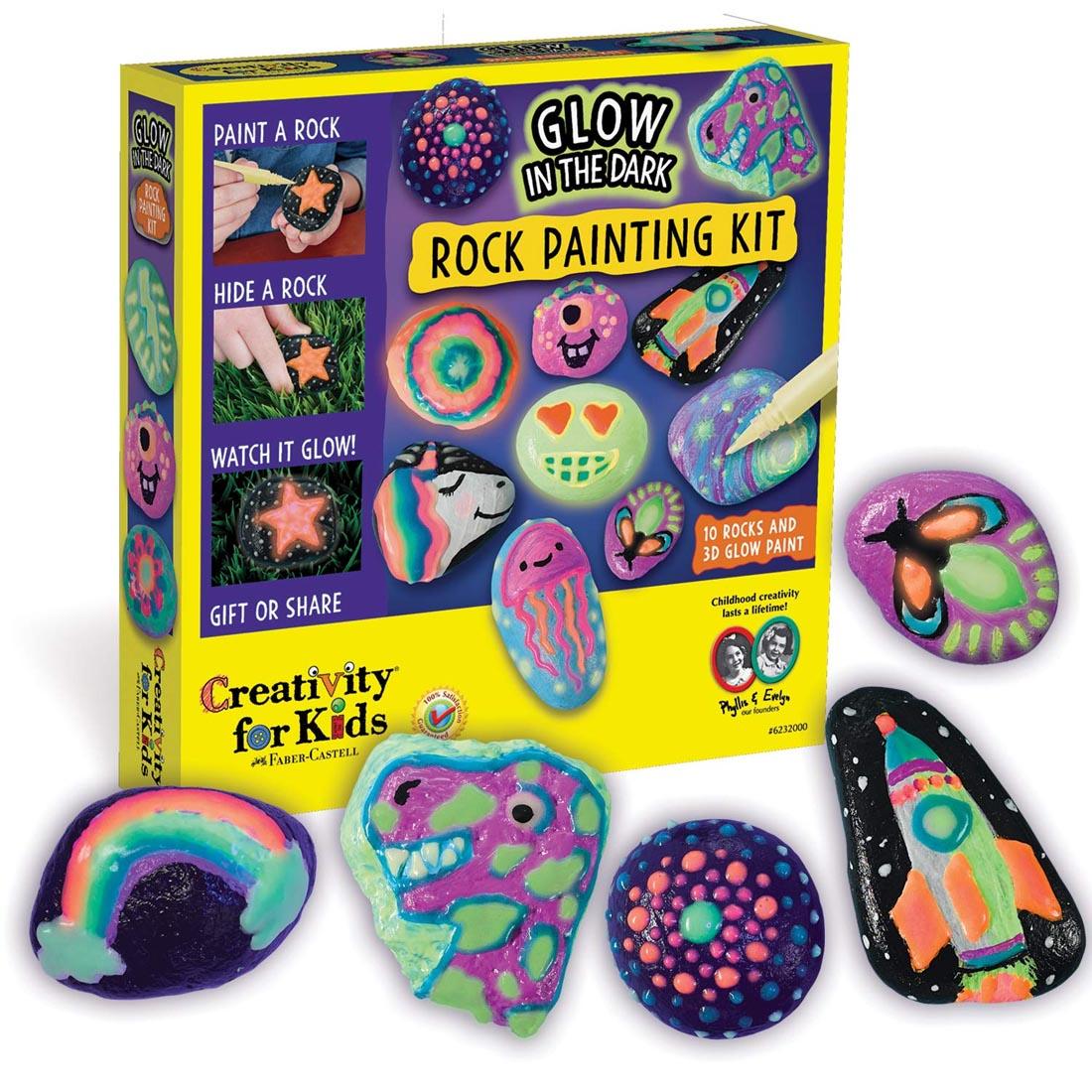 Glow In The Dark Rock Painting Kit with sample painted rocks