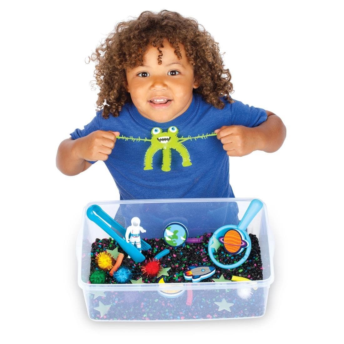 Child playing with the Outer Space Sensory Bin By Creativity For Kids