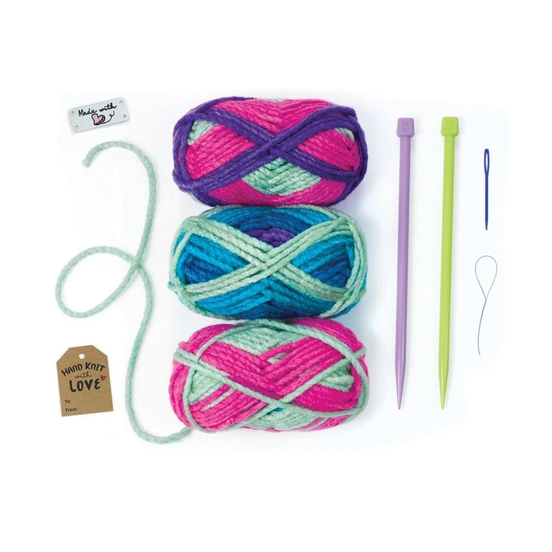 Components of the Learn To Knit Pocket Scarf Kit By Creativity For Kids