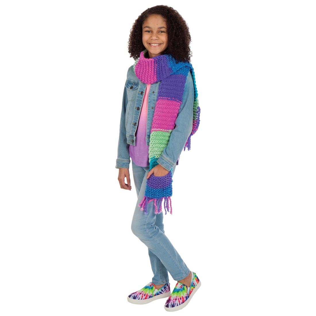 Child wearing completed Learn To Knit Pocket Scarf By Creativity For Kids