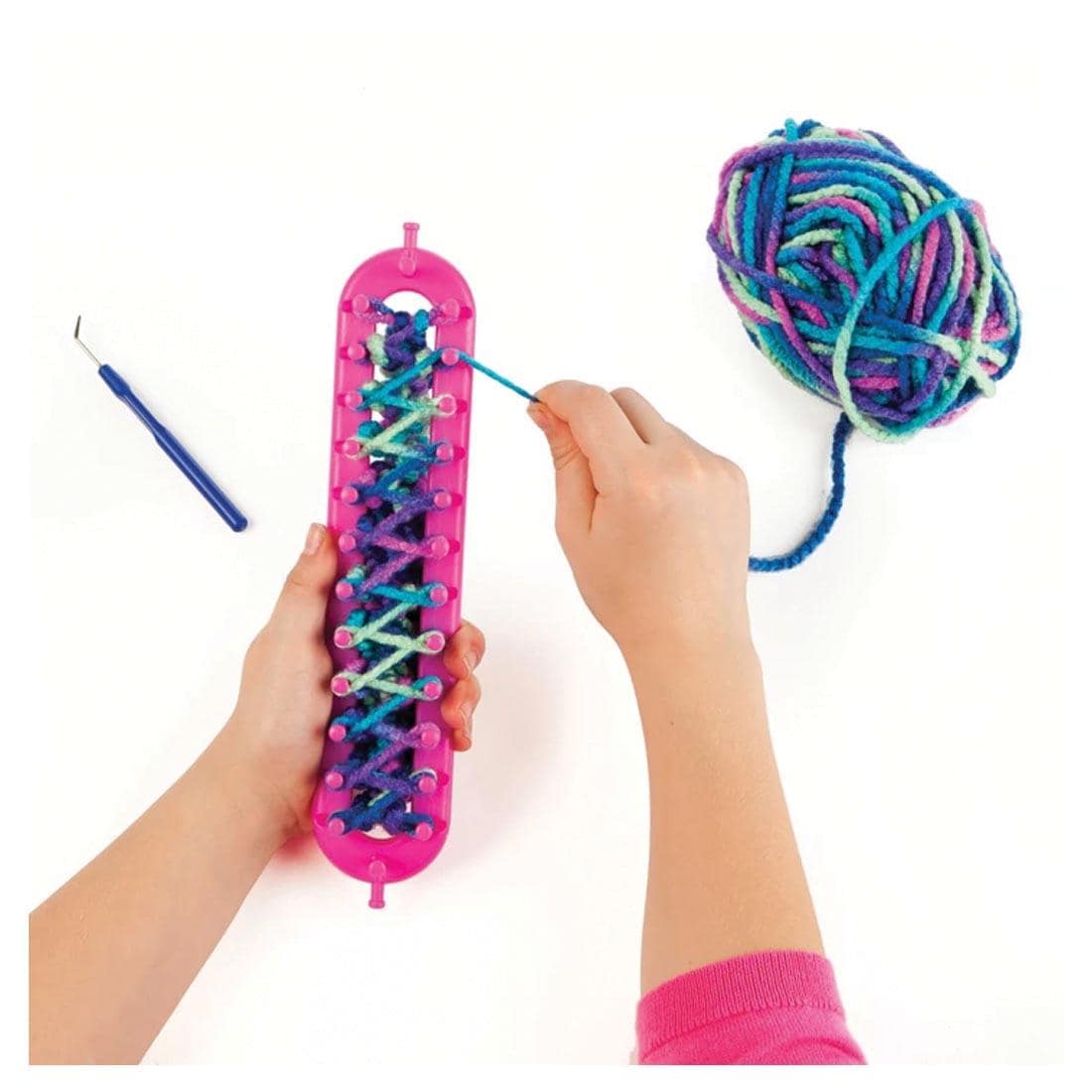 Hands using the Quick Knit Button Scarf Kit By Creativity For Kids
