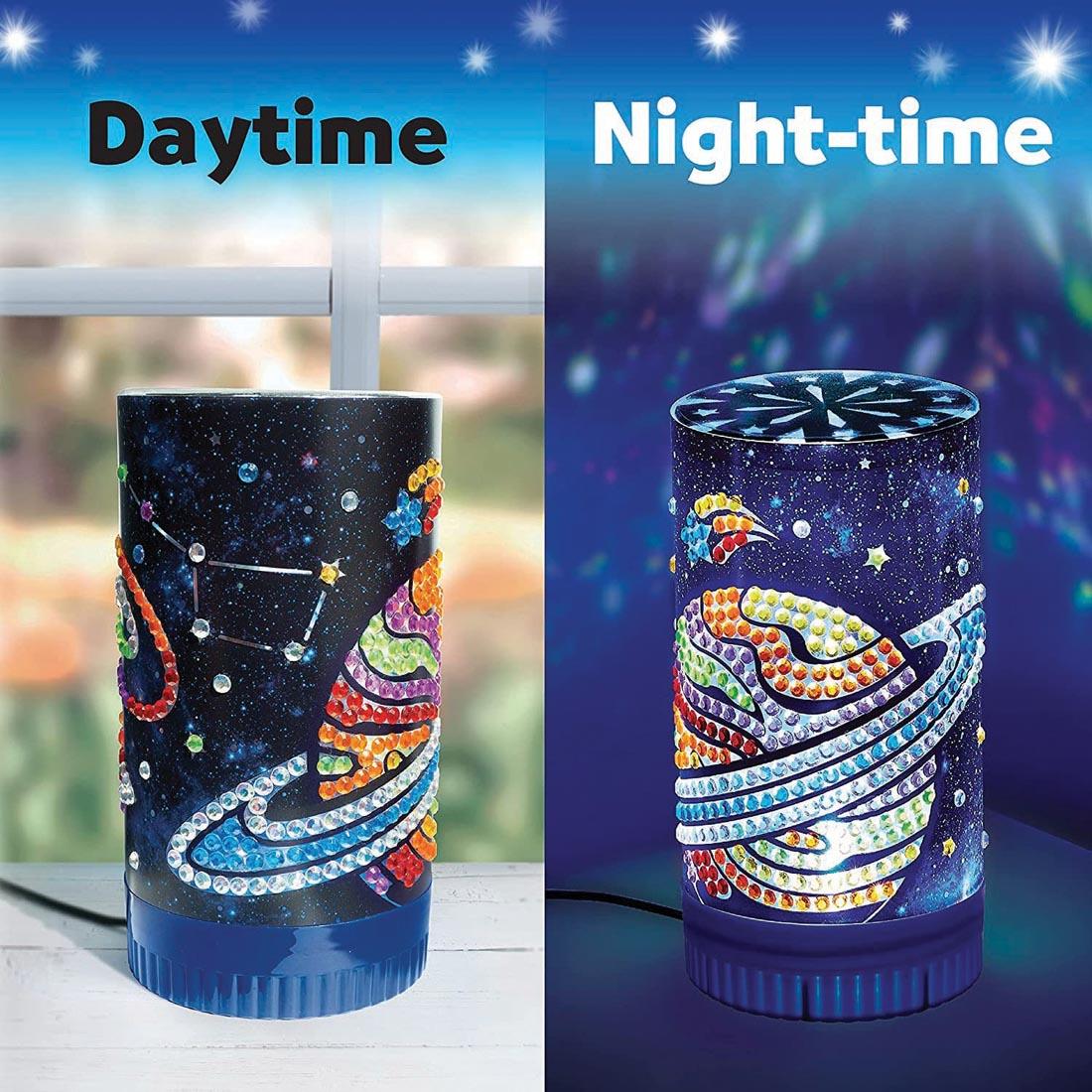 Daytime and Night-time examples of the completed Big Gem Diamond Painting Light