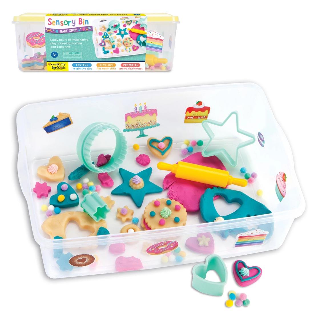 Bake Shop Sensory Bin By Creativity For Kids shown both in package and open with clay creations made