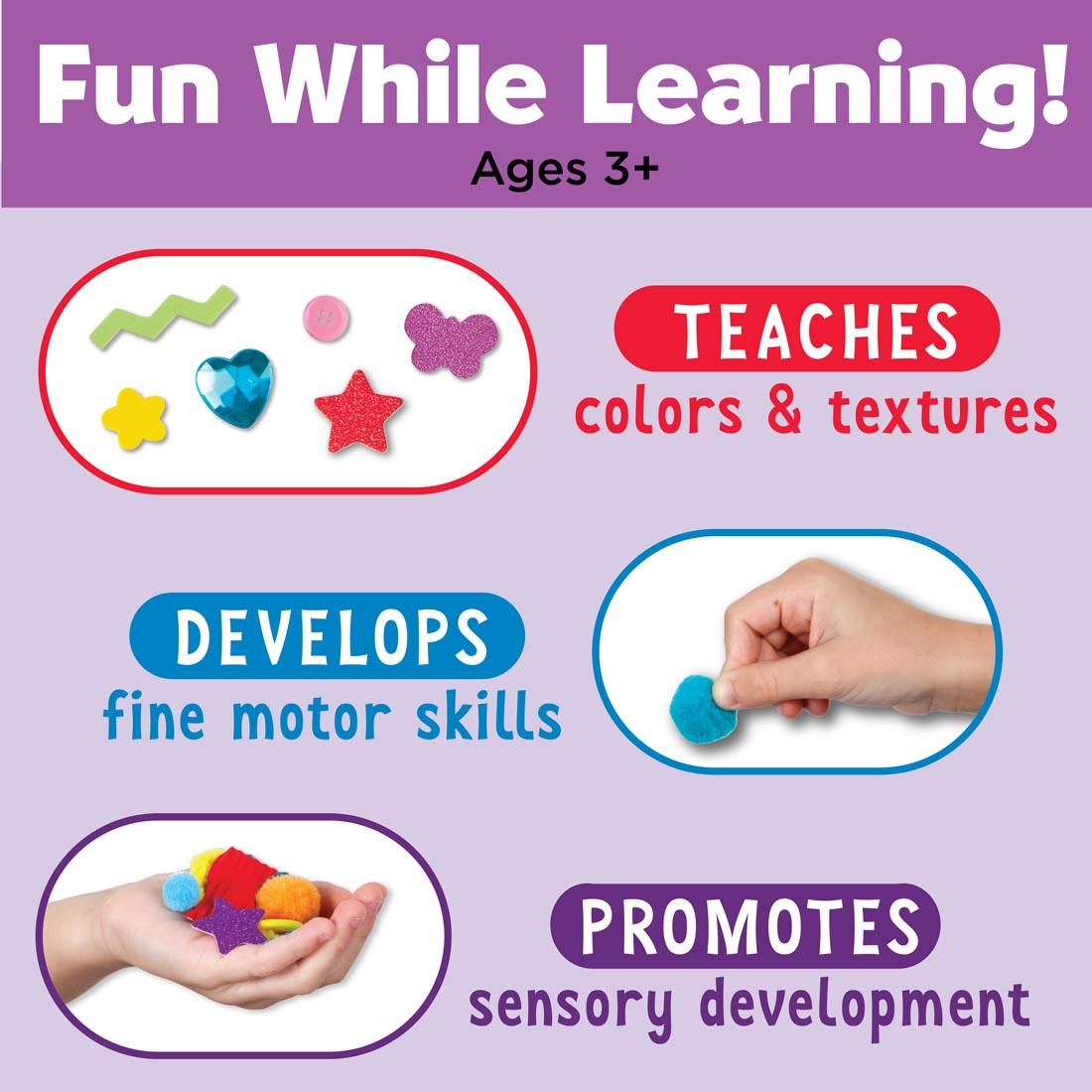 infograph about Rainbow Sticky Wall Art with text Fun while learning! Ages 3+ Teaches colors & textures. Develops fine motor skills. Promotes sensory development