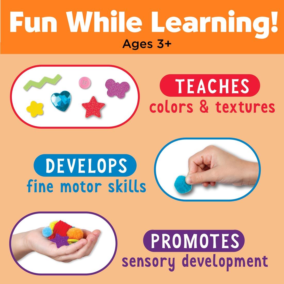 inforgraph for Butterfly Sticky Wall Art with text Fun while learning! Ages 3+ Teaches colors & textures. Develops fine motor skills. Promotes sensory development.