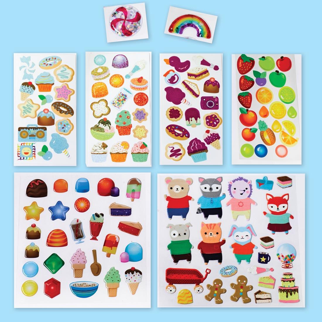 stickers included in the Sweets Sensory Stickers By Creativity For Kids on a blue background