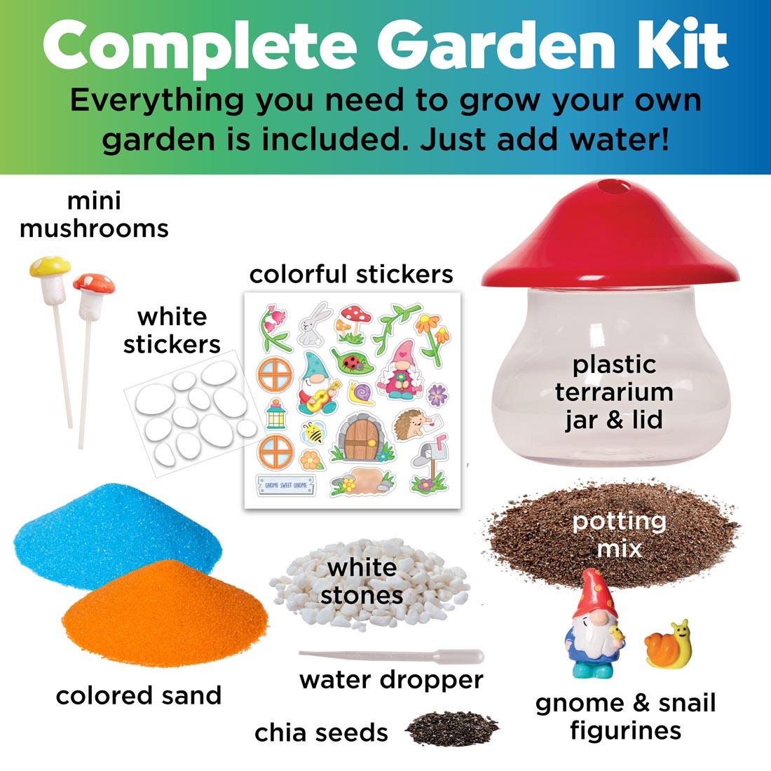 infograph for Plant & Grow Woodland Forest Terrarium with text Complete Garden Kit. Everything you need to grow your own garden is included. Just add water!