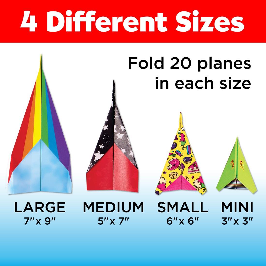 demonstration of the 4 different sizes of airplanes that can be made with the Stunt Squadron Paper Airplanes Set By Creativity For Kids