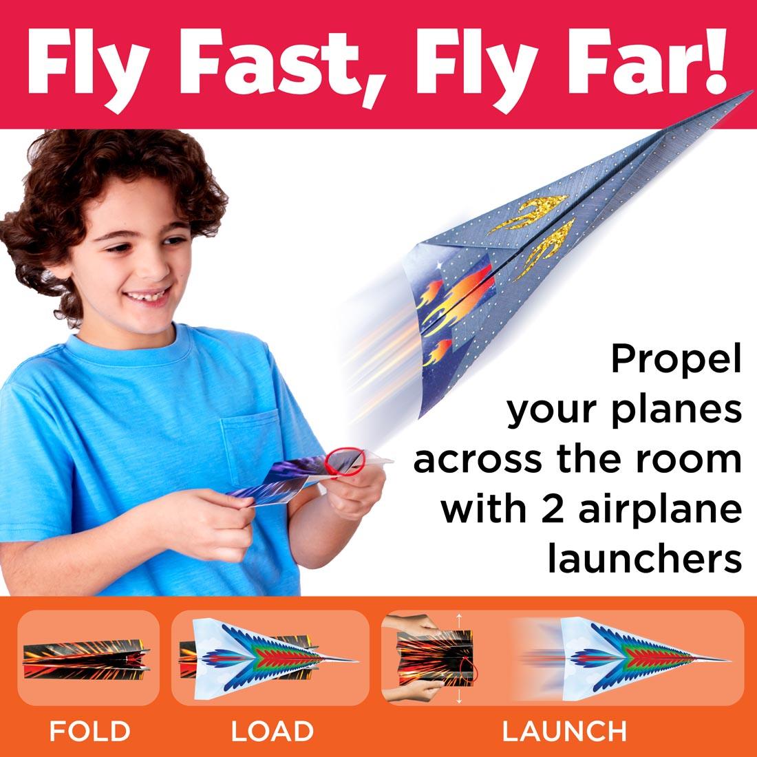 demonstration of how to use the paper launcher found in the Stunt Squadron Paper Airplanes Set By Creativity For Kids, with the words: Fly Fast, Fly Far!
