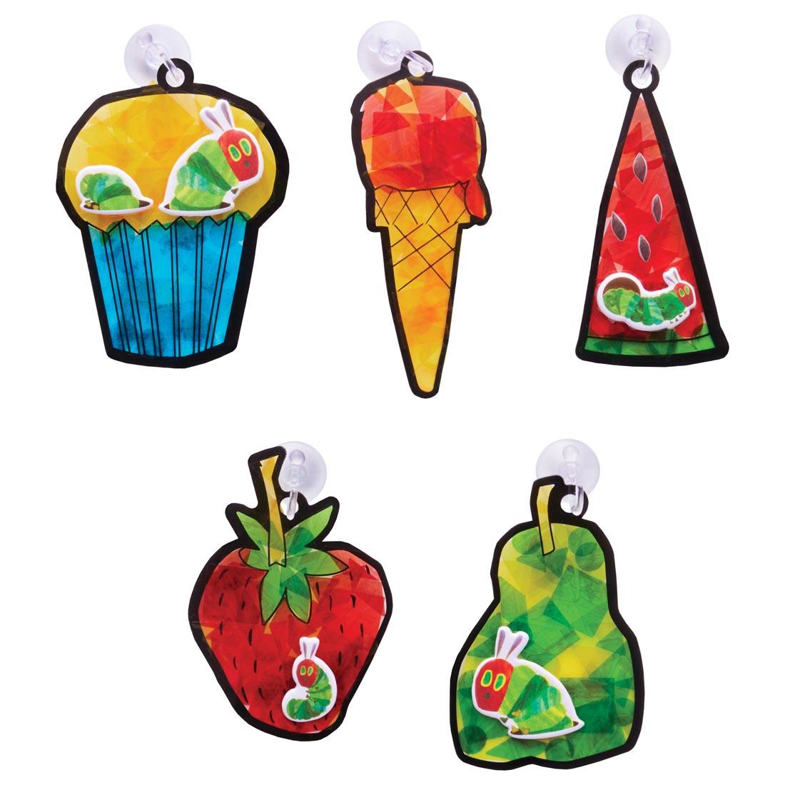 5 different completed The Very Hungry Caterpillar Sticker Suncatchers By Creativity For Kids