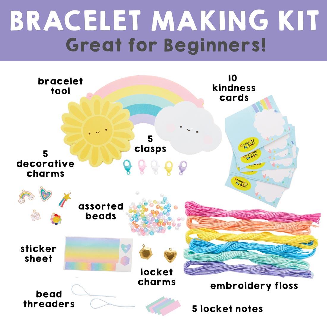 infographic labeling the contents of the Friendship Bracelets Kit By Creativity For Kids