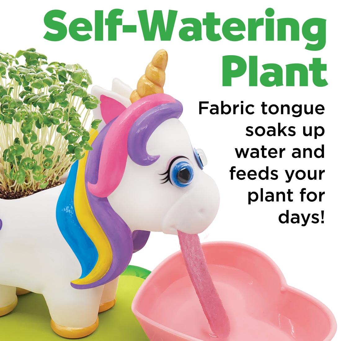 Self-Watering Unicorn Plant Pet with text Self-Watering Plant. Fabric tongue soaks up water and feeds your plant for days!