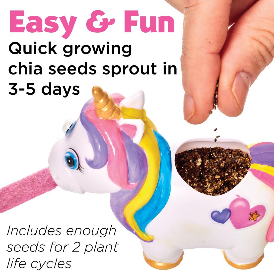 Self-Watering Unicorn Plant Pet with text Easy & Fun. Quick growing chia seeds sprout in 3-5 days. Includes enough seeds for 2 plant life cycles