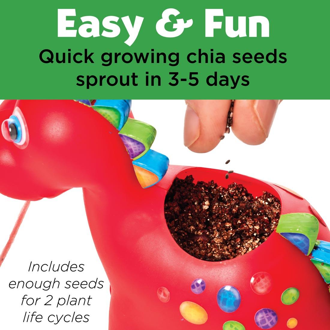 Self-Watering Dinosaur Plant Pet with text Easy & Fun. Quick growing chia seeds sprout in 3-5 days. Includes enough seeds for 2 plant life cycles