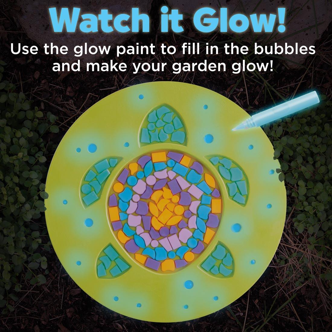 Turtle Garden Stone with text Watch it Glow! Use the glow paint to fill in the bubbles and make your garden glow!