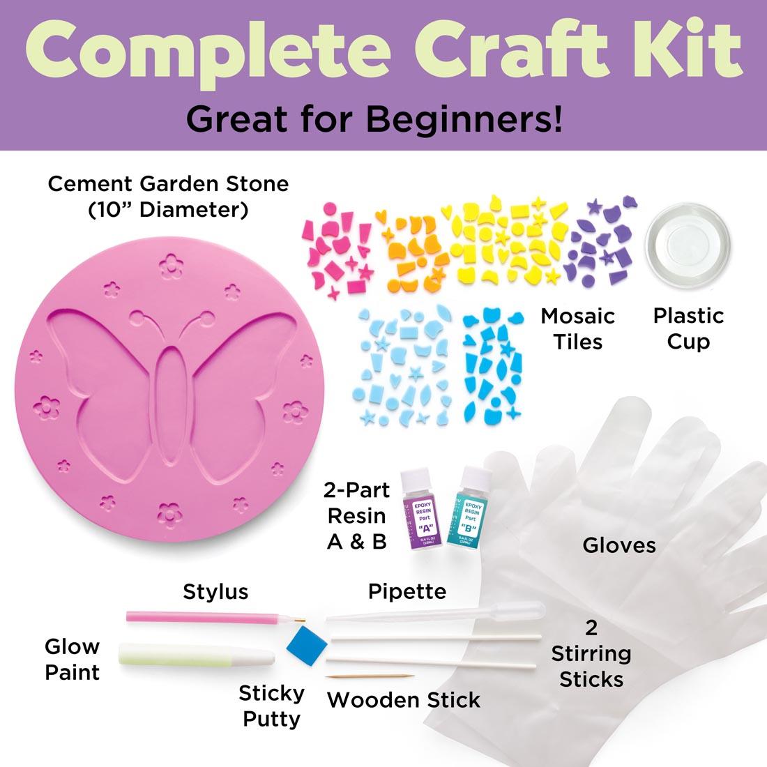 labeled contents of the Butterfly Garden Stone By Creativity For Kids and the text Complete Craft Kit Great for Beginners!