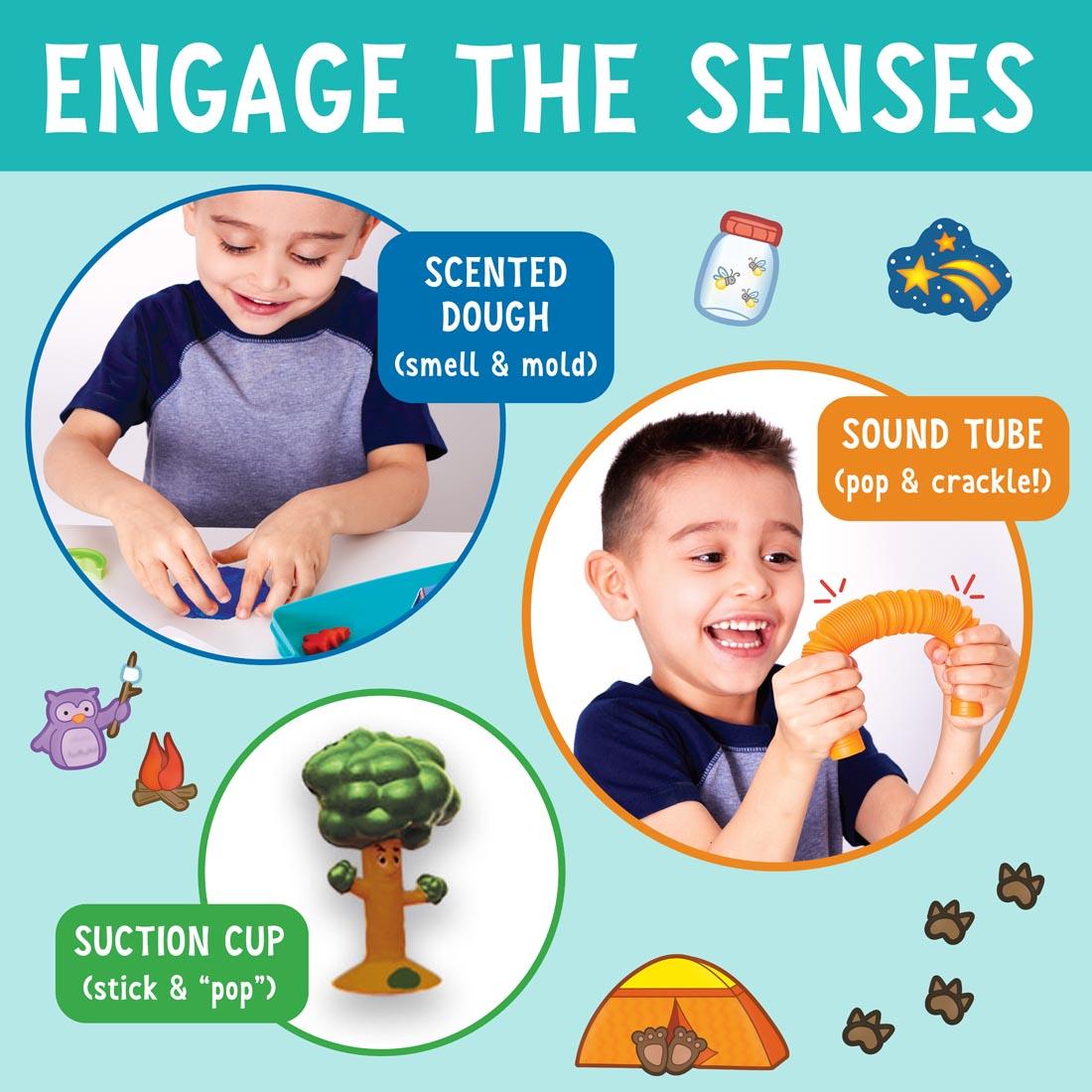 Engage the Senses graphic to explain the benefits of Sensory On The Go Camping Fun