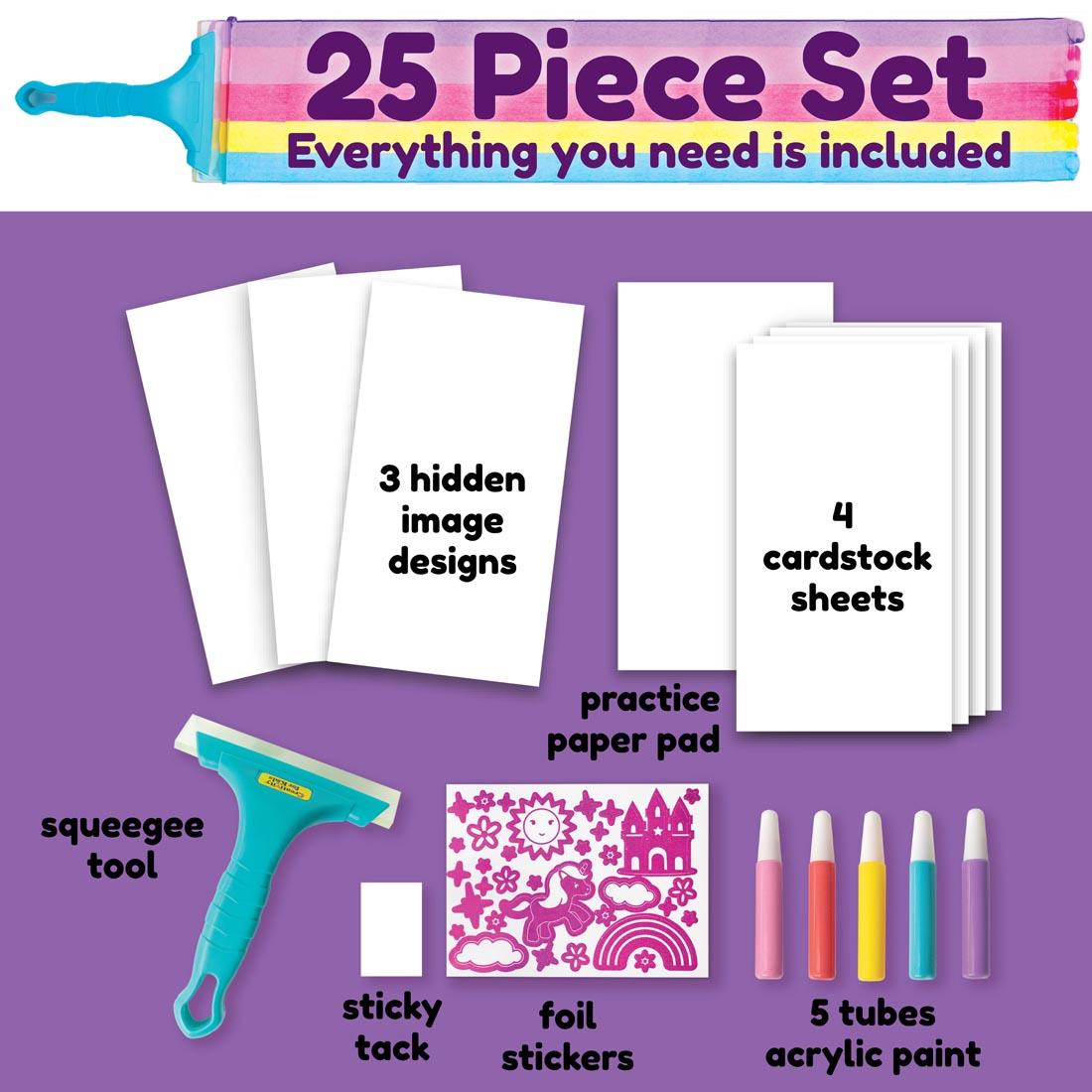 labeled graphic for contents of Squeegeez Magic Reveal Art Unicorn including text 25 Piece Set Everything you need is included