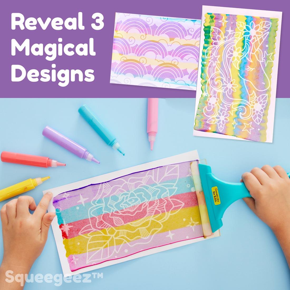 child's hands using Squeegeez Magic Reveal Art Unicorn with the text Reveal 3 Magical Designs