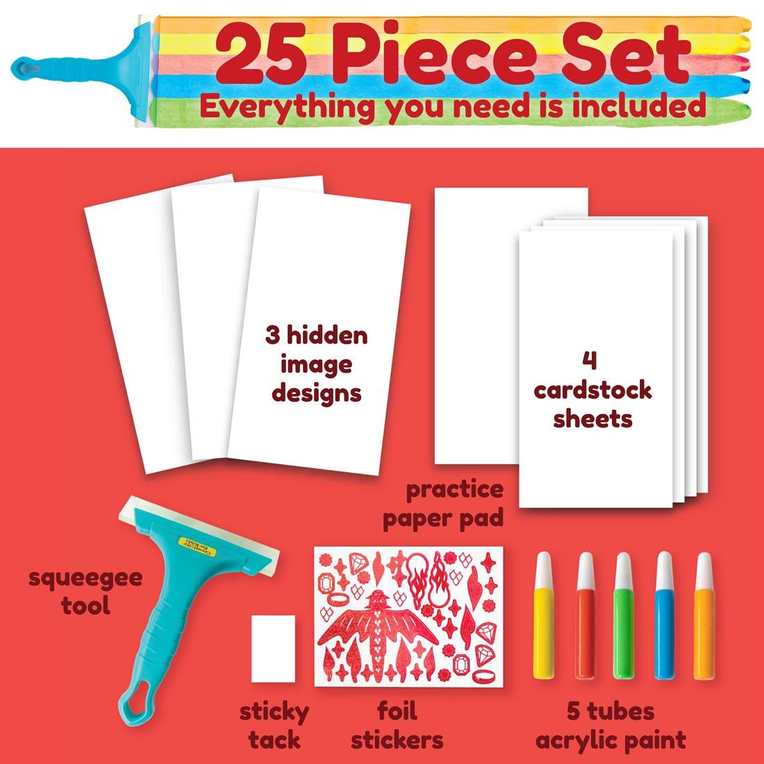 labeled graphic for contents of Squeegeez Magic Reveal Art Dragon including text 25 Piece Set Everything you need is included
