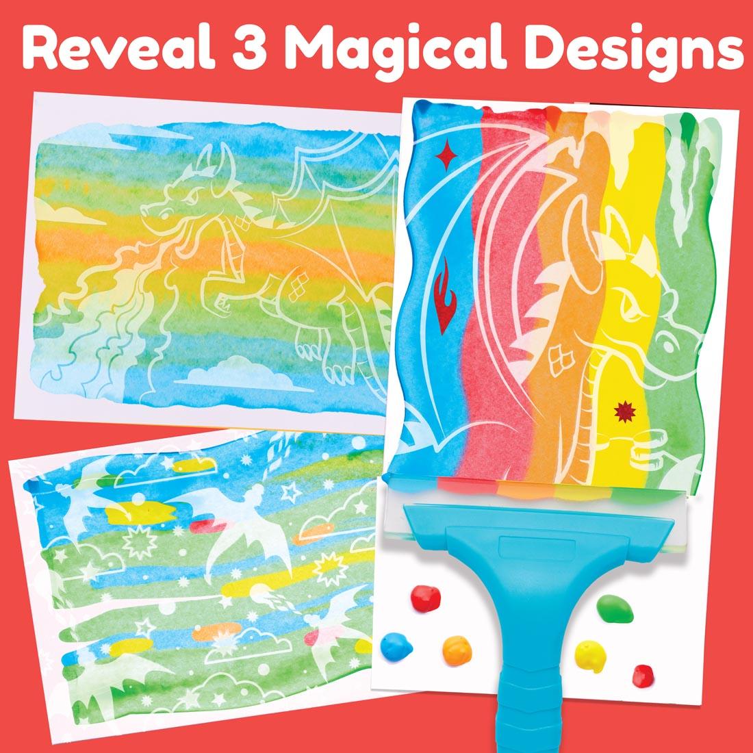 art made with Squeegeez Magic Reveal Art Dragon set with the text Reveal 3 Magical Designs