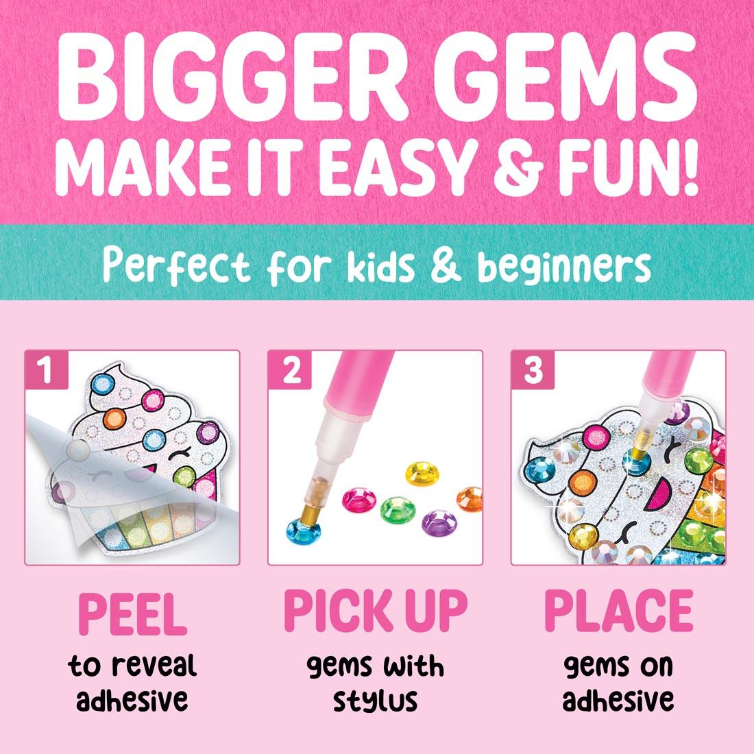 infographic for Big Gem Diamond Painting Stickers Kit including text Bigger Gems make it easy & fun!