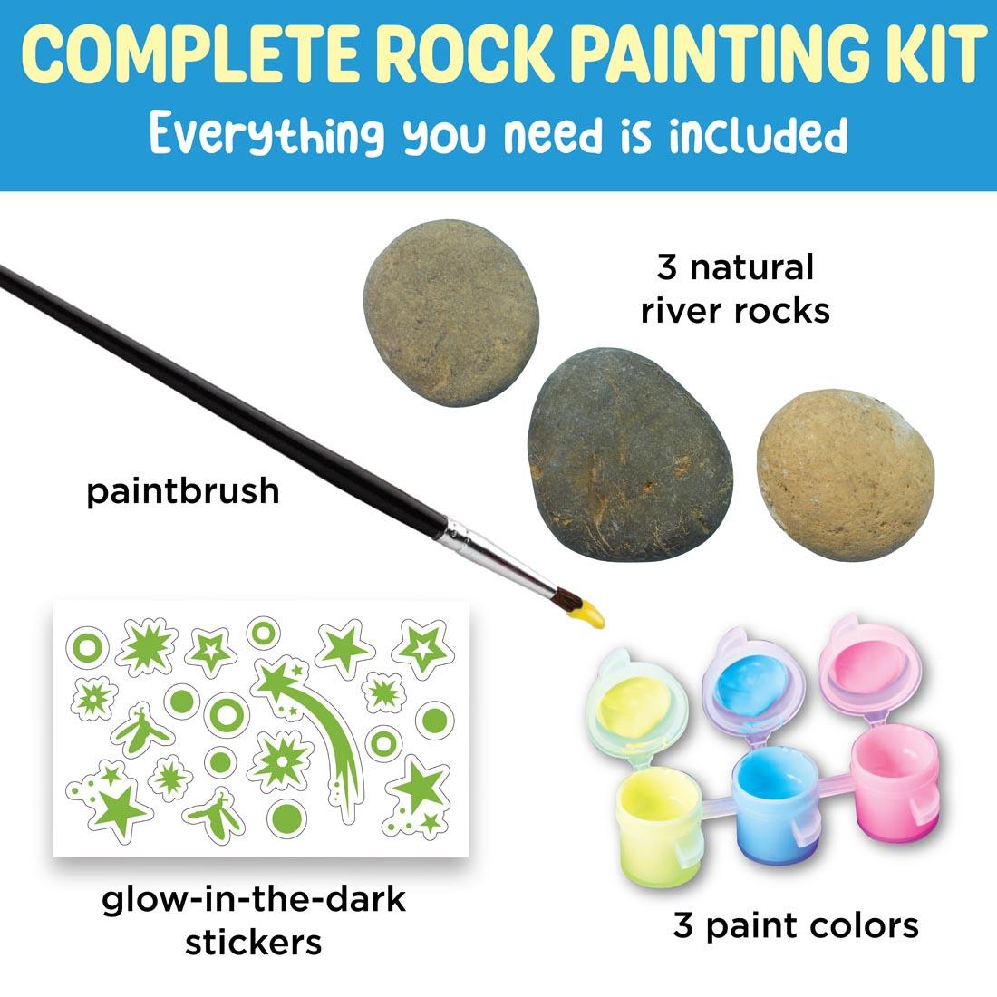 labeled contents of Glow-In-The-Dark Rocks with text Complete Rock Painting Kit Everything you need is included