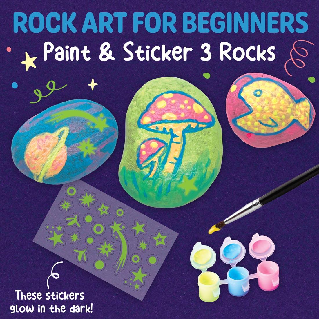 painted Glow-In-The-Dark Rocks plus text Rock Art For Beginners Paint & Sticker 3 Rocks