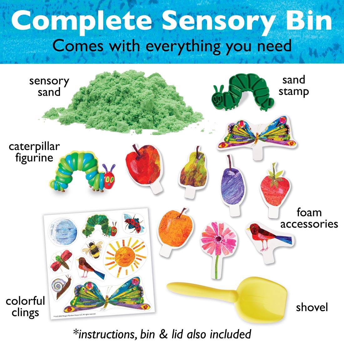 Contents of the The Very Hungry Caterpillar Sensory Bin, including sand, caterpillar figurine, foam pieces, clings and more