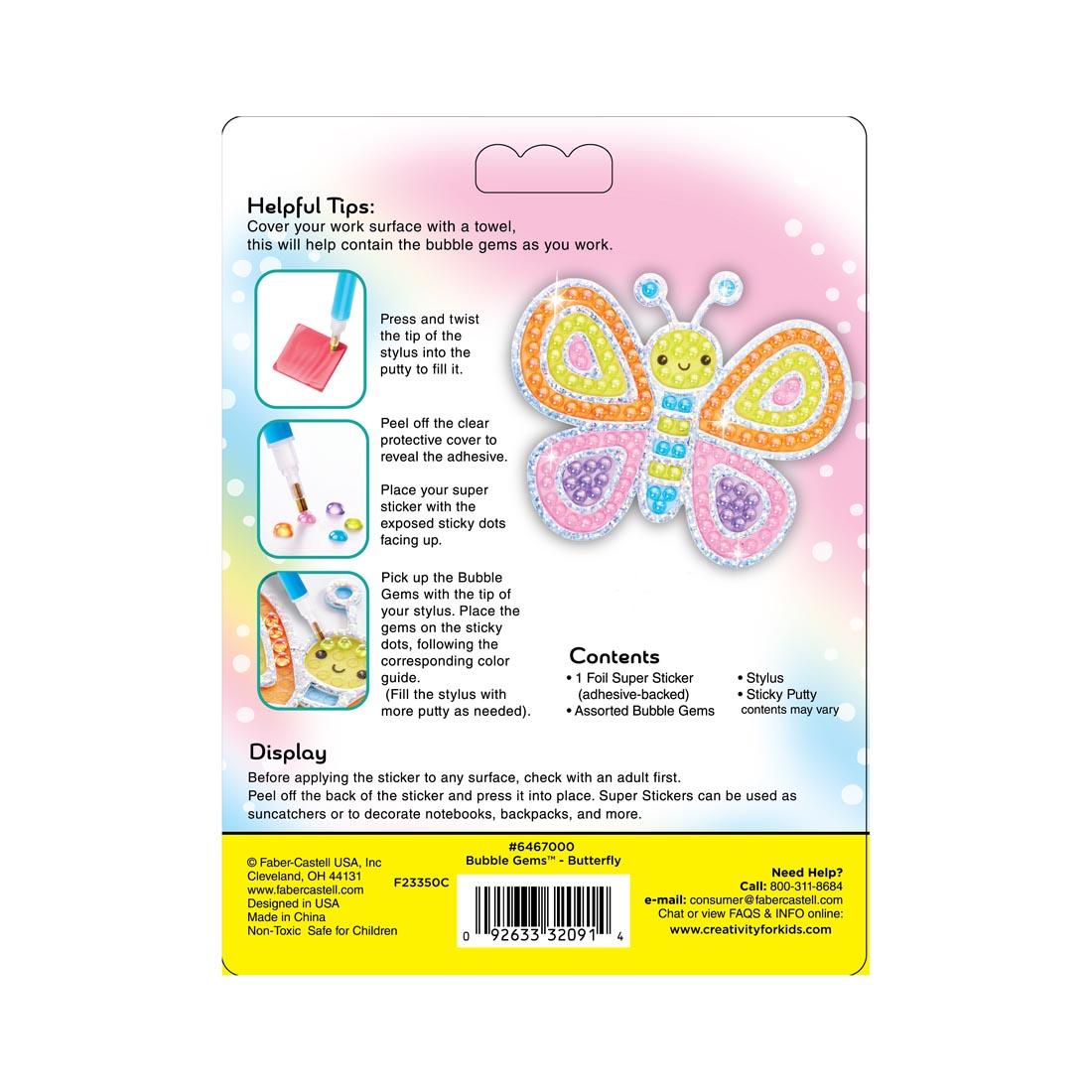 back of package of Bubble Gems Super Sticker Butterfly