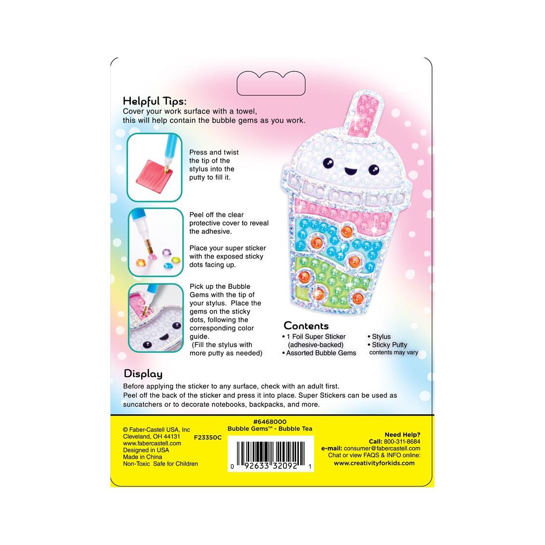back of package of Bubble Gems Super Sticker Bubble Tea