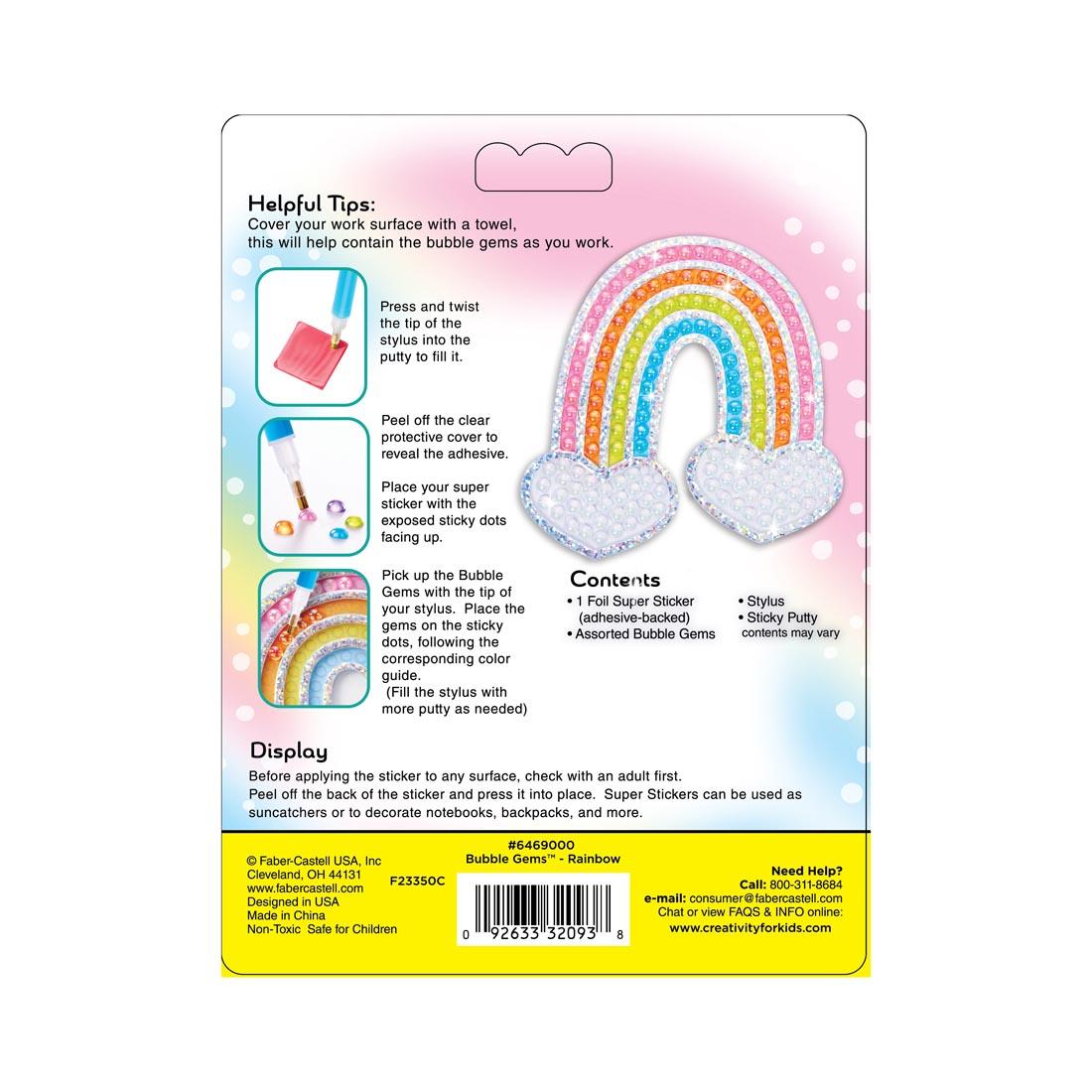 back of package of Bubble Gems Super Sticker Rainbow