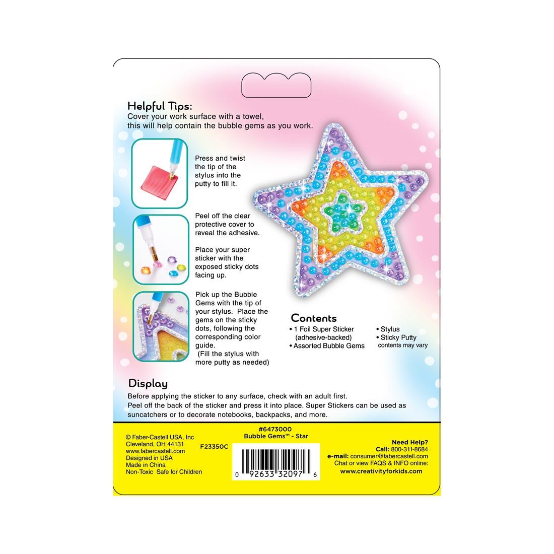 back of package of Bubble Gems Super Sticker Star