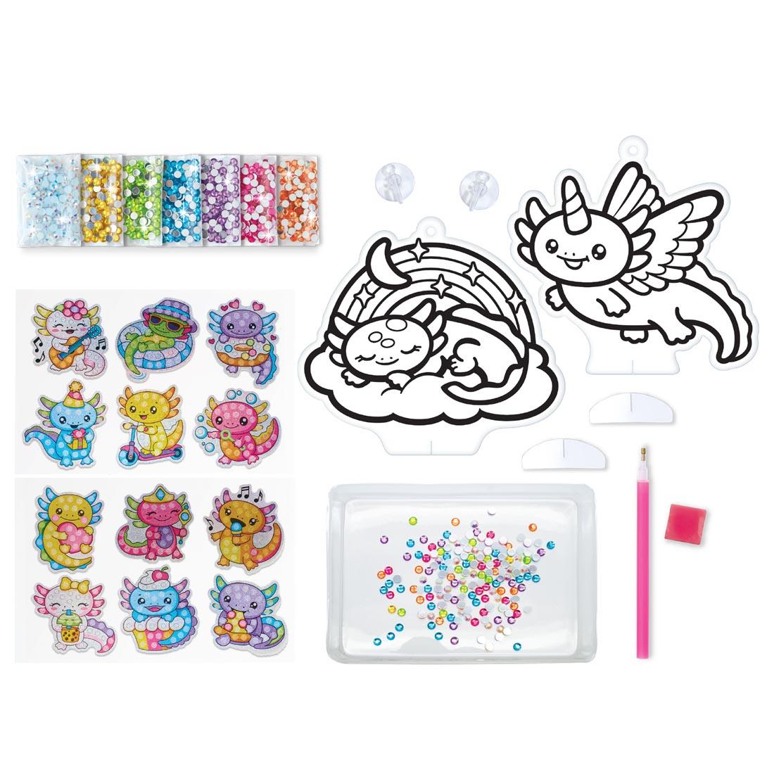 contents included in the Big Gem Diamond Painting Axolotl Kit By Creativity For Kids