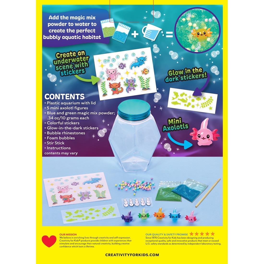 back of package of the Glowing Axolotl Aquarium By Creativity For Kids