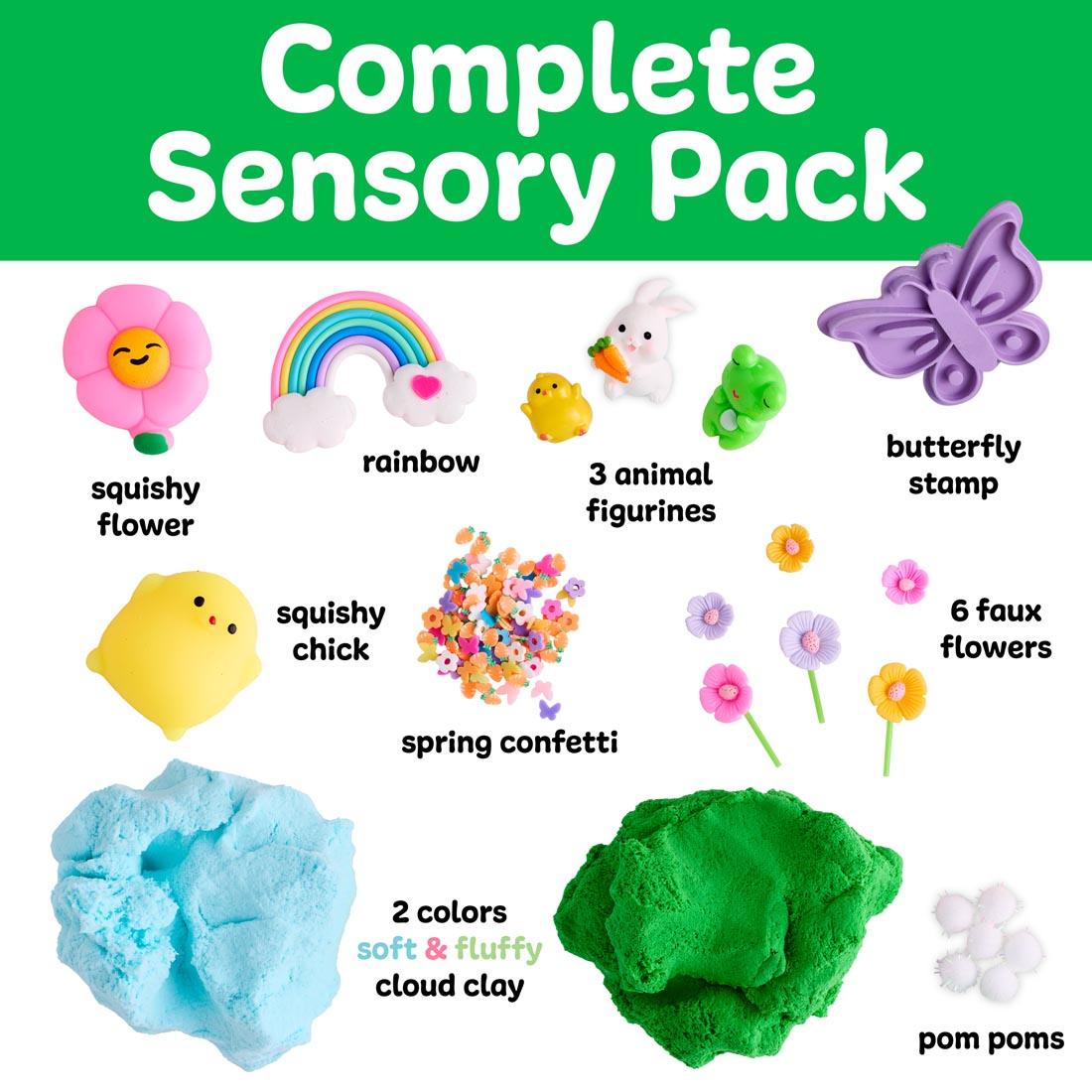 Contents of Garden Friends Sensory Pack, including Cloud Clay, squishy pieces, animal figurines, stamp, faux flowers and more