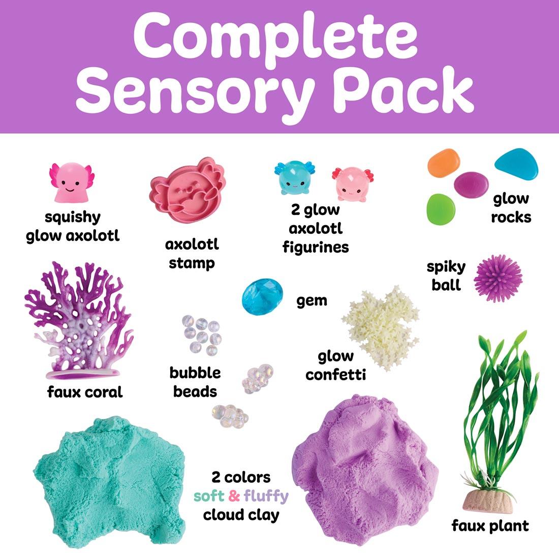 Contents of Axolotl Sensory Pack, including axolotl figurines, squishies, cloud clay, rocks, confetti and more