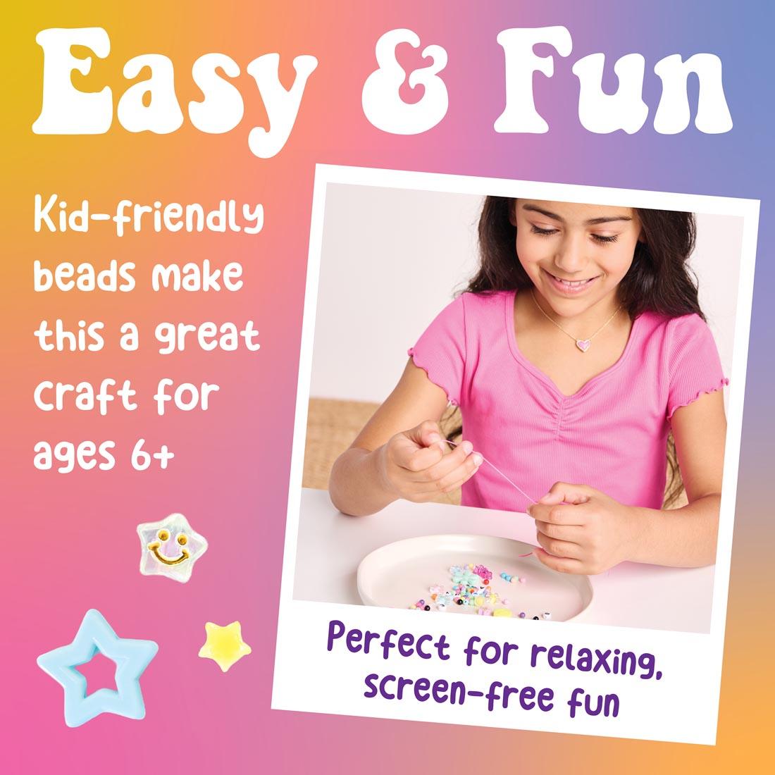 girl creating a keychain, with the words: Easy & Fun; Kid-friendly beads make this a great craft for ages 6+; Perfect for relaxing, screen-free fun