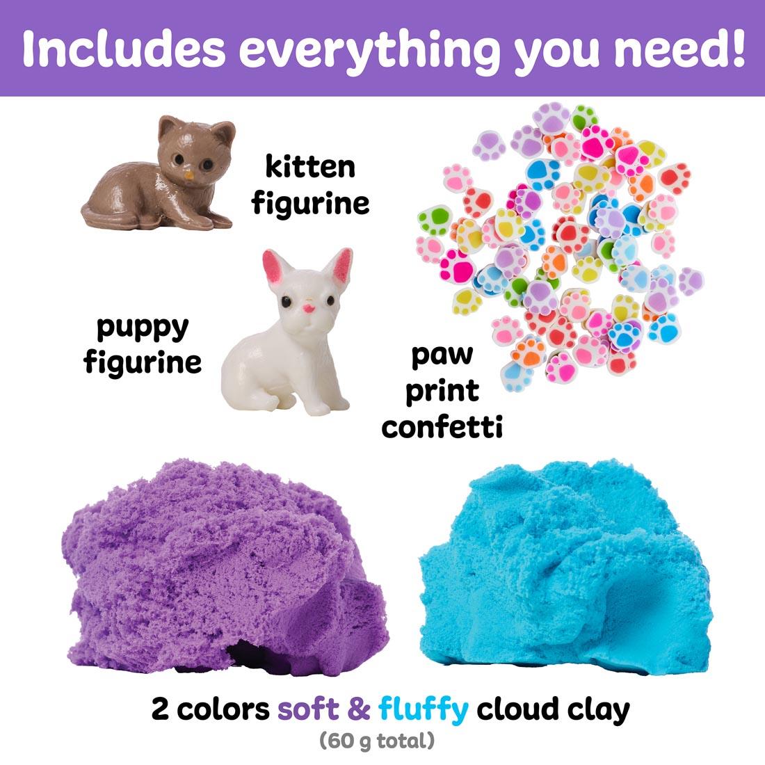 Contents of Sensory Minis: Pets, including cat figurine, dog figurine, cloud clay and paw print confetti pieces