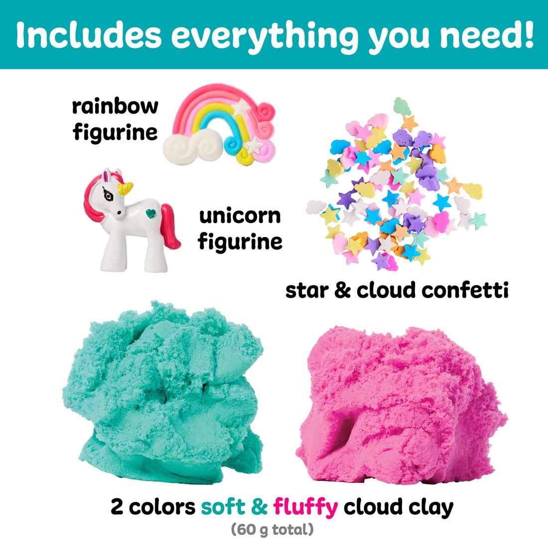contents of Sensory Minis: Unicorn, including unicorn figurine, rainbow figurine, cloud clay and star & cloud confetti pieces
