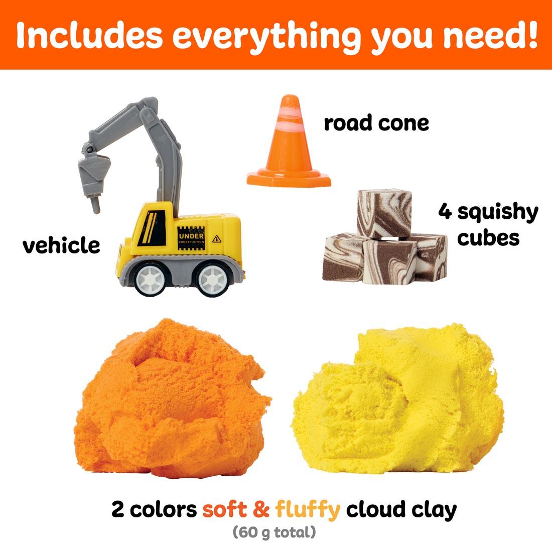 Contents of Sensory Minis: Construction, including vehicle figurine, road cone figurine, 4 squishy cubes and cloud clay